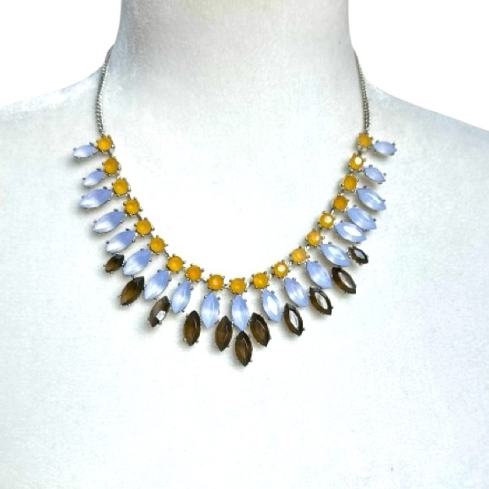 Crystal Drop Collar Silver Statement 18” Necklace Yellow Brown Faceted Stones